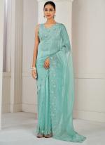 Soft Organza Sea Green Party Wear Embroidery Work Saree